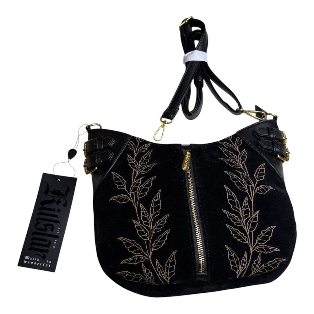 Killstar Enchanted Fern Bag Black Velvet Gold Tone Hardware Crossbody Purse New
